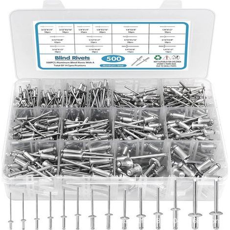 Rivet Pop - Rivet Aveugle Aluminium Acier - Pour Métal - 500 Pièces 14 Tailles - 3/32 À 1/4 Pouces (1/5)