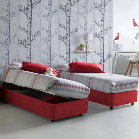 Talamo Italia Einzelbett Diana, Containerbett mit Stoffbespannung, 100% Made in Italy, Seitliche Öffnung, inklusive Matratze 80x190 cm, Rot (1/3)