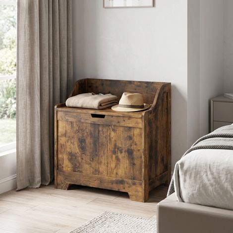 Coffre de rangement en bois avec charnière de sécurité, malle à couvercle et poignée intégrée pour salon et entrée, teinte brun rustique (1/5)