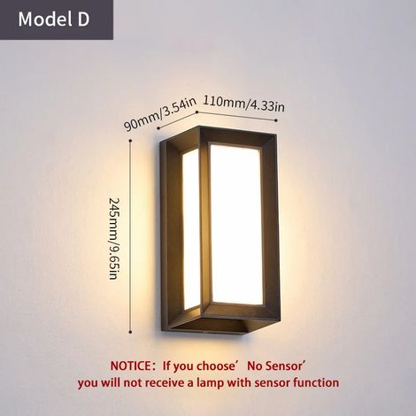 (Modèle D 16W - Blanc chaud - Capteur radar) Applique murale LED extérieure avec détecteur de mouvement PIR, AC85-265V, ABS étanche, style moderne, pour intérieur, balcon, porche ou jardin. (1/5)