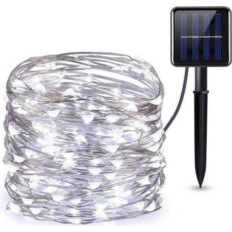 Guirlande Solaire en Fil Cuivre 12M 100 LED Guirlande Lumineuse Blanc Froid pour Halloween, Jardin, Terrasse, Patio, Mariage (1/4)