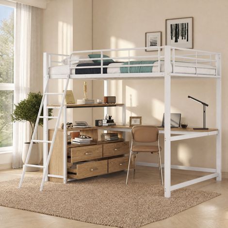 Hochbett 140x200 cm Weiß aus MDF und Metall mit L-förmigem Schreibtisch und Schubladen (1/5)