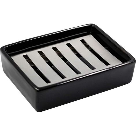 Porte Savon en Céramique en Acier Inoxydable SUS304 pour Salle de Bain,Cuisine,Boîte à Savon en Double Couche, Porte-Savon Auto-drainant, Bain Douche Nettoyage Facile (Noir) (1/5)