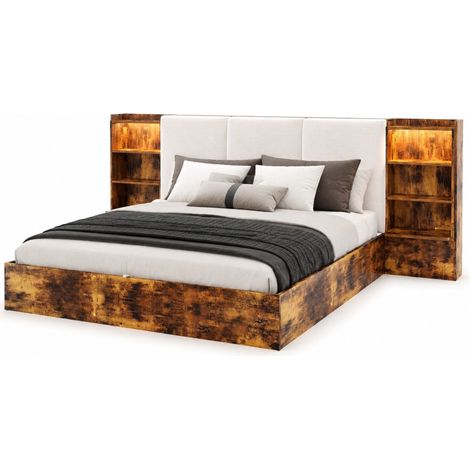 Letto Contenitore 180 x 200 cm in MDF, 6 Vani, LED Regolabile e Testiera Imbottita, senza Materasso, Marrone (1/5)
