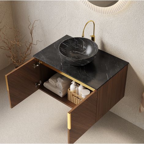 Mobile lavabo sospeso con lavabo in ceramica, piano in pietra sinterizzata nera, armadietto effetto rovere marrone (1/5)