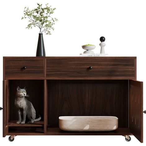 Meuble cache-litière pour chat (mobile) – Maison pour chat avec plaque amovible d’évacuation du sable, isolation des odeurs, sans litière incluse, 100×45×66 cm, coloris noyer