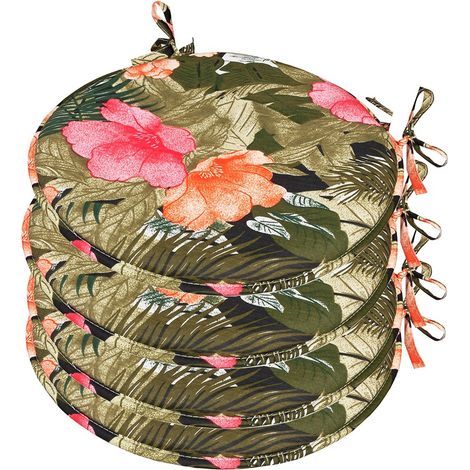 Set 4 Cuscini Sedia Rotondi Cotone Lavabili Morbidi Coprisedia Tondi Fiori Palme Tropicali