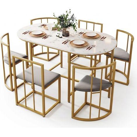 ELVMI Conjunto de Mesa y Sillas con 1 Mesa y 6 Sillas, para Comedor, MDF y Hierro, Dorado (1/5)