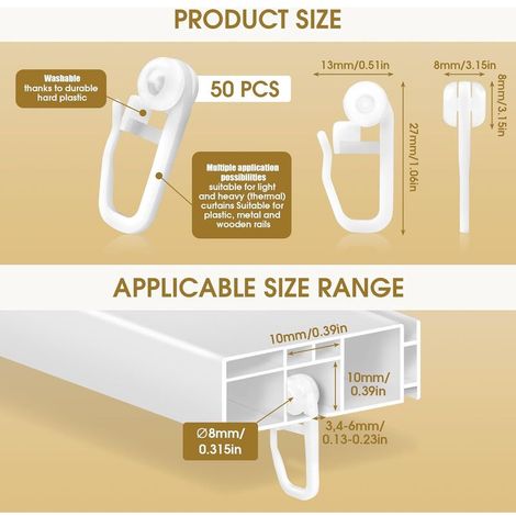 Roleader – Confezione da 50 ganci per tende in plastica – cursori per binari da 8 mm – installazione rapida e silenziosa – resistenti agli urti e all'usura (1/5)