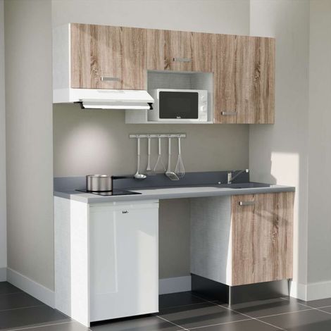 Kitchenette K55L - 180 cm - plan monobloc évier intégré Cromo- évier à droite - Façades Bois + Electroménager inclus coloris Blanc
