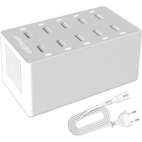 USB-Ladestation. 50-W-USB-Ladehub mit 10 Ports. Mehrfach-USB-Ladegerät mit intelligenter Erkennung. Kompatibel mit iPhone, Galaxy, iPad, Tablets und anderen USB-Ladegeräten.