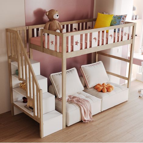 Cama alta infantil 90x200 cm blanca y natural de madera maciza con escalera con almacenaje (1/5)