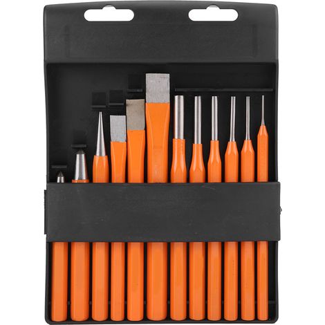 Jeu de 12 outils professionnels de mécanique (poinçons et burins), burins coniques en acier. (1/5)