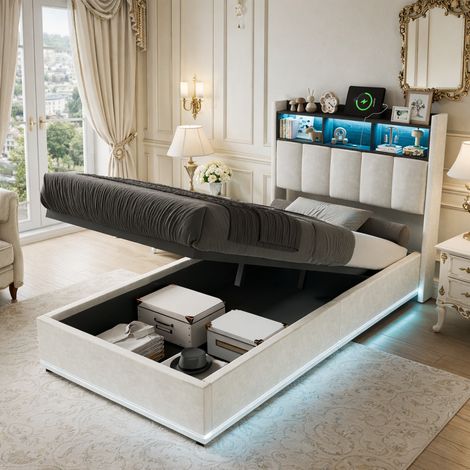 Lit coffre 90x200 cm avec éclairage LED et USB, lit capitonné avec sommier à lattes lit simple avec espace de rangement hydraulique et tete de lits, blanc (1/5)