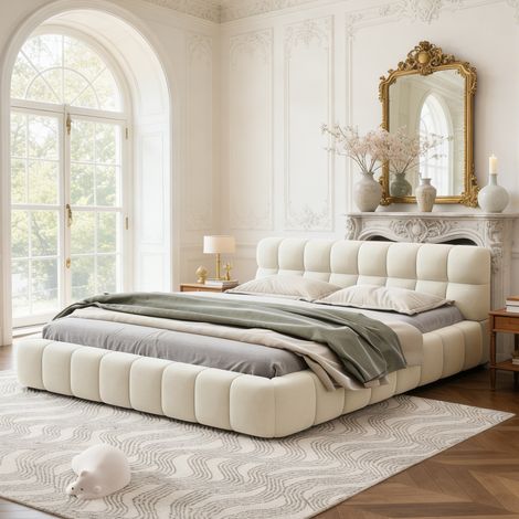 Lit Double Rembourré 140x190 cm, Lit Bubble avec Sommier à Lattes, Lits 2 Personnes Capitonne avec Tête de Lits et Dossier Souple, Cadre de Lit pour Adulte et Adolescents, Lin
