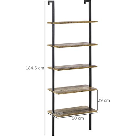Bibliothèque de style industriel avec 5 échelles en bois et métal, 60 x 30 x 184,5 cm, marron (1/5)