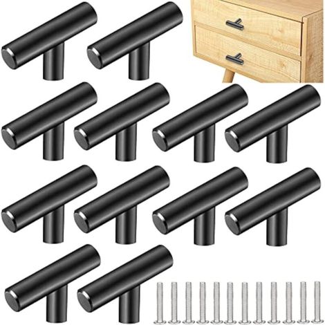 12PCS Stainless Steel Kitchen Cabinet Handle 5032mm Furniture Handle T Silver Door Knob Single Hole T-Shaped Drawer Knobs Furniture Knob with 12 Screws for Cabinet Door Cupboard, Black (1/5)