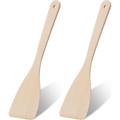 Lot de 2 spatules en bois de hêtre pour la cuisine, spatule plate non revêtue de 33 cm, ustensiles de cuisine en bois, grattoir à long manche, spatules wok en bois anti-rayures pour cuisine et (1/5)