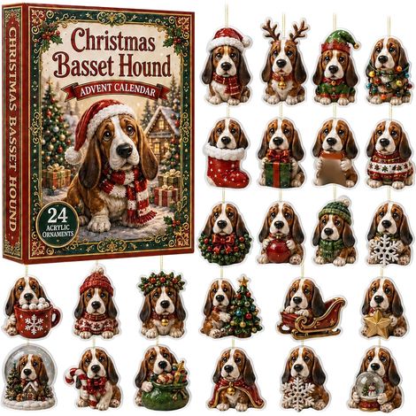 Calendrier de l'Avent 2026 - 24 cases - marron, blanc, rouge, vert - acrylique - dimensions 27 x 19 x 4 cm - Décorations de Noël à suspendre - motif Basset Hound - idéal pour décorer votre intérieur, (1/5)