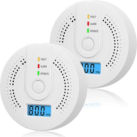 Lot de 2 détecteurs de monoxyde de carbone à piles avec écran LCD numérique pour maison, cuisine, restaurant, hôtel, bureau - Piles non incluses (1/5)