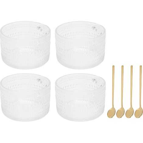 Lot de 4 tasses en verre style nord-européen, motif relief, poignée rétro, transparentes, pour eau, lait, latte ou thé. 4 tasses avec 4 cuillères incluses. (1/5)