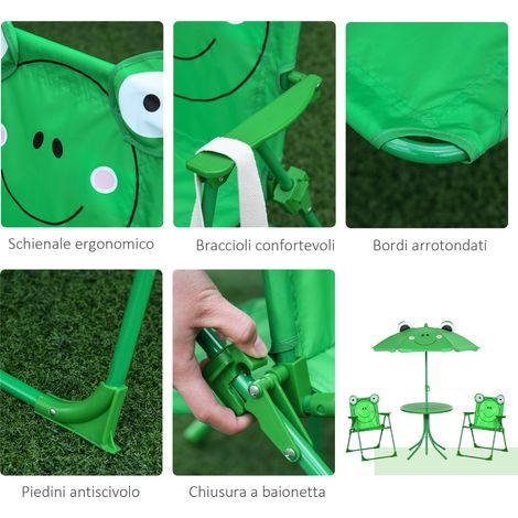 Lot de jardin enfant 4 pièces : 2 chaises pliantes, parasol et table ronde, mobilier extérieur en acier et Oxford, vert (1/5)