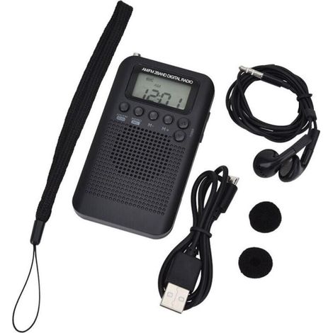 Tragbares Mini-Taschenradio mit Lautsprecher, DSP FM/AM Stereo Digitalempfänger mit Wecker und Timer (100 x 60 x 15 mm, Schwarz)