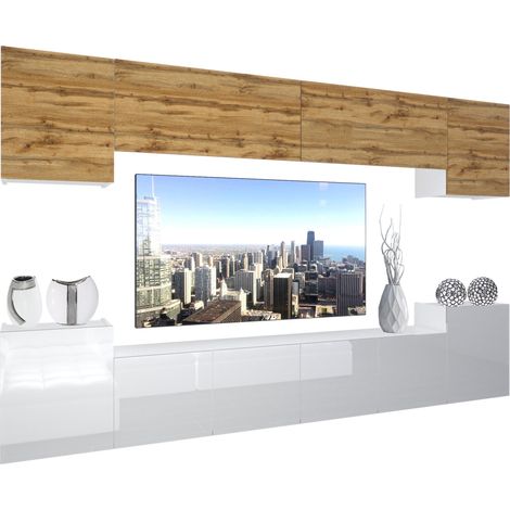 BELINI Wohnwand Vollausstattung Wohnzimmer-Set Moderne Schrankwand mit LED-Beleuchtung Anbauwand TV-Schrank Eiche Wotan Top/Weiß (1/5)