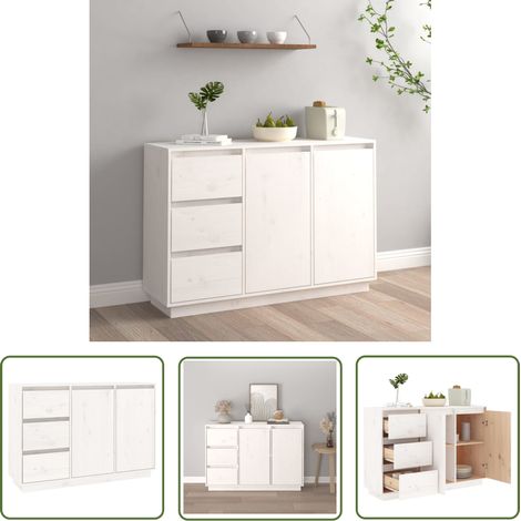 The Living Store Buffet Blanc 111x34x75 cm Bois massif de pin - Buffet Blanc - Meuble Rangement - Commode Bois - Mobilier Salon - Meuble Chambre (1/5)