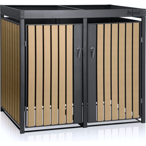 Zelsius Mülltonnenbox mit Pflanzdach für 2 Mülltonnen Anthrazit RAL 7016, Tür in Holzoptik