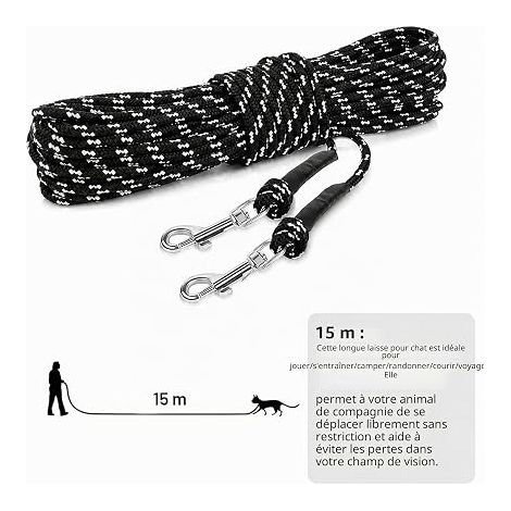 Laisse Réfléchissante pour Chat, 15 m x 5 mm, Noir Corde nylon réfléchissante, mousquetons rotatifs, Jardin dressage (1/4)