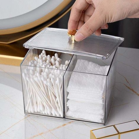 Rangement Coton Tige, Distributeur de Coton pour Salle de Bain, Compartiment Boîte à Coton Organisateur Maquillage Boîte de Stockage de Coton pour Chambre Salle de Bain (1/4)