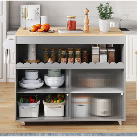 Carro isla de cocina 122/46(69)/91 cm gris con tapa abatible y puertas de cristal (1/5)