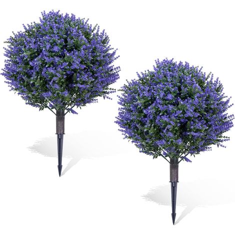Boules topiaires lavande artificielle réaliste – Lot de 2, résistantes UV, piquets en fer – Plantes décoratives pour intérieur et extérieurérieur, jardin, balcon ou terrasse – Violet (1/5)