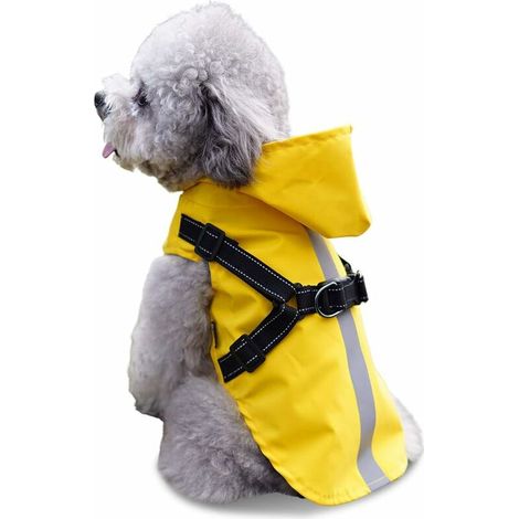 Couverture imperméable pour chien avec harnais, 100 % imperméable, ultralégère, capuche réfléchissante, respirante, pour chiens de petite et moyenne taille, jaune, taille M. (1/5)