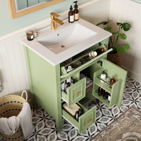 MODFU – Mobile sotto lavabo 61 cm in MDF/ceramica con lavabo, cassetti, anta soft-close, finitura lucida e carico 45 kg – Verde lucido (1/5)