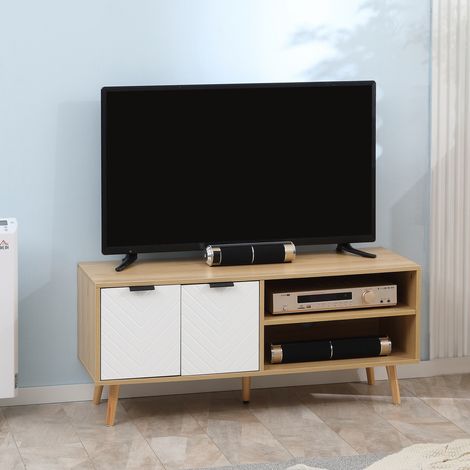 Mobile porta TV moderno HOMCOM con 2 ante e 2 ripiani per TV fino a 46", 110x39x48,8 cm, Naturale e Bianco