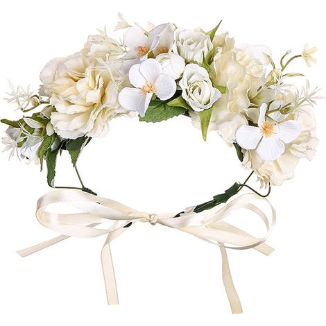 Couronne De Fleurs Pour Mariage - Bandeau Floral Réglable Avec Ruban - Accessoire Cheveux Pour Fille Et Femme - Diamètre 18.5cm (1/5)