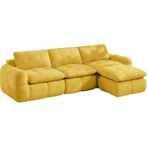 Modulares L-förmiges 3-Sitzer-Sofa ohne Armlehnen aus gelbem Chenille mit Hocker, 264 x 160 x 68 cm (1/5)