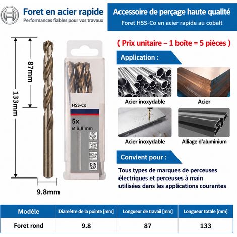 Foret hélicoïdal HSS-Co cobalt perçage acier inoxydable et métaux 9.8mm 12 1 9.8 1 × 1 × 1 cm 1 g – Livraison gratuite