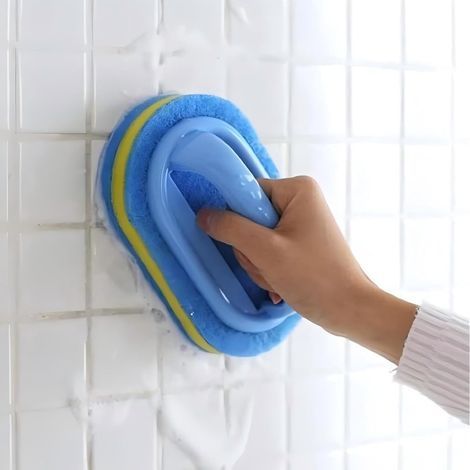 Spazzola a spugna per la pulizia, manico ergonomico, accessorio per il bagno, cucina, vasca da bagno, blu (1/5)