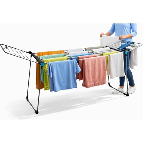Étendoir à Linge Extensible avec Partie Centrale Télescopique, 25 m de Séchage, Ailes Hautes, Structure Stable en Acier, avec roulettes, Gris et Vert