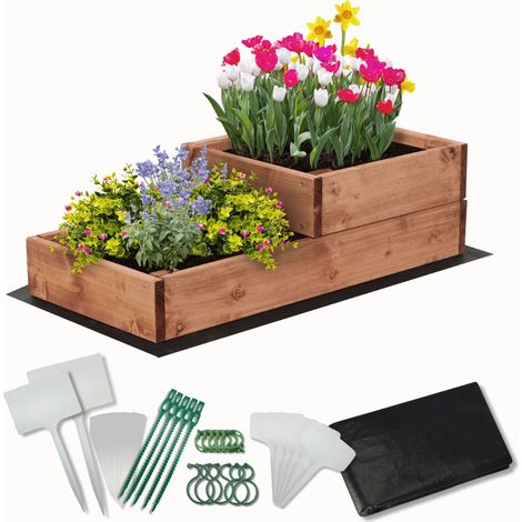 MODO24 Carré potager surélevé en bois, 2 niveaux en cascade, 18x30x63 cm, jardin/terrasse, kit jardinier inclus, brun imprégné