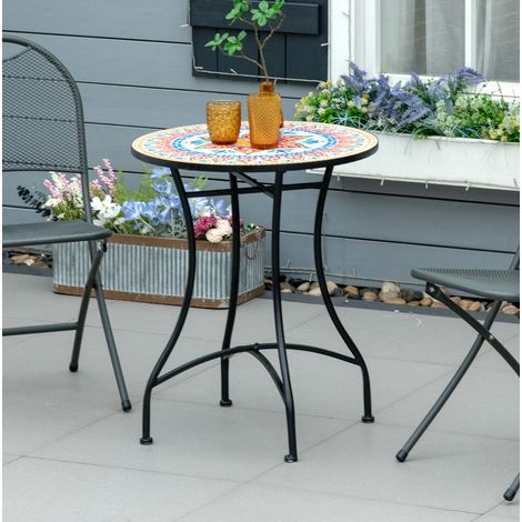 Table de jardin mosaïque ronde Ø60 cm, table bistrot avec plateau en céramique multicolore, structure métal robuste, 50 kg, idéale pour terrasse CHICFURN (1/5)
