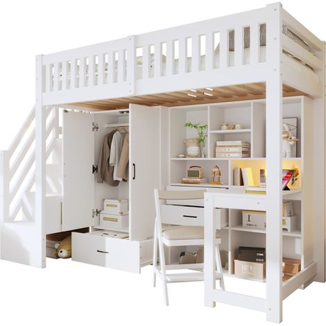 Cama Alta 90 x 200 Cm Con Escalera De Almacenamiento, Armario, Escritorio Y Cajones, Sin Colchón, De Pino, Blanco (1/5)