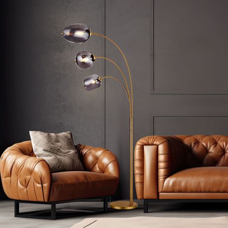 Lampadaire lampe à arc lampe de salon lampadaire lampe de chambre, métal verre laiton fumée, 3 ampoules E14, interrupteur au pied, L 80 cm