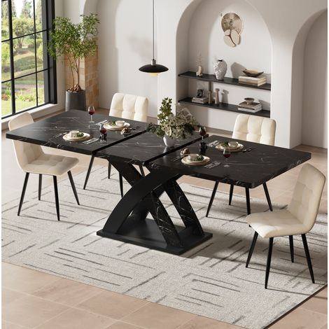 Mesa de Comedor Extensible con Tablero Deslizante, Estructura en X, para Cocina y Salón, MDF y Metal, Negro (1/5)