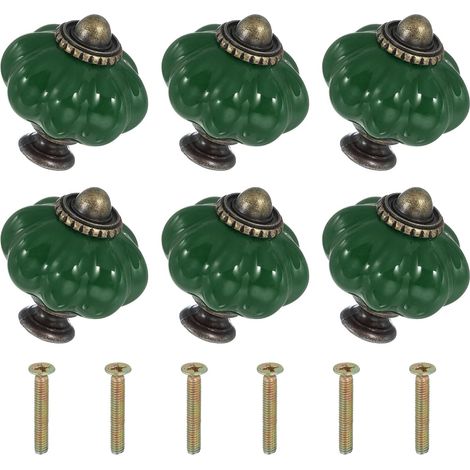 Boutons en céramique vert foncé, 3,33,33,8 cm, 6 pièces avec vis, boutons et poignées de tiroir d'armoire en céramique en forme de citrouille. (1/5)
