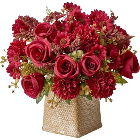 Lot de 4 bouquets de roses artificielles de 33 cm, marguerites, fleurs artificielles, bouquets de roses en soie, pour la décoration de mariage dans la cuisine, rouge (1/5)