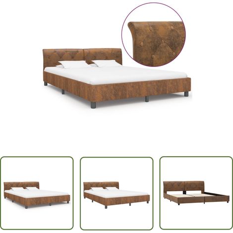 The Living Store Cadre de lit sans matelas marron similicuir daim 160x200 cm - Cadre De Lit - Lit Double - Lit Moderne - Lit En Cuir - Lit Brun (1/5)